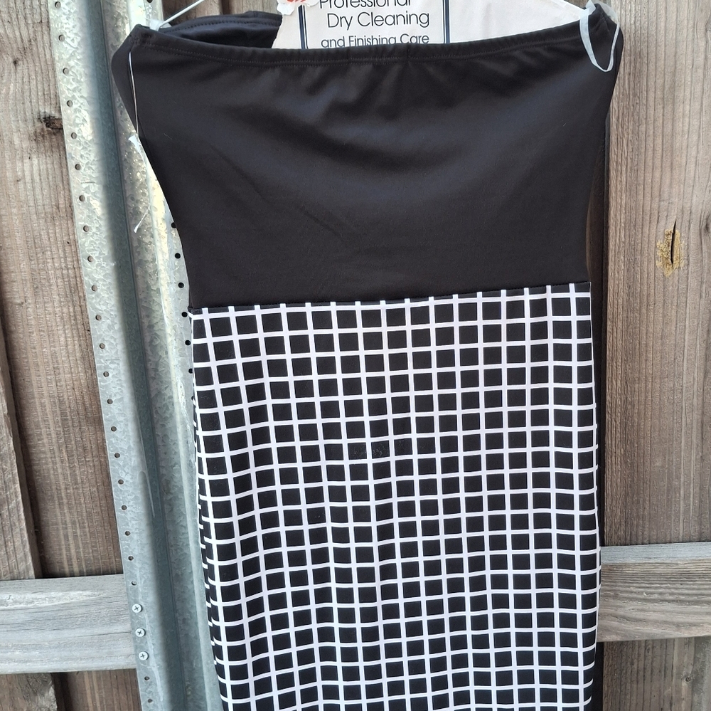 Black and White Strapless Pencil Dress Midi Length